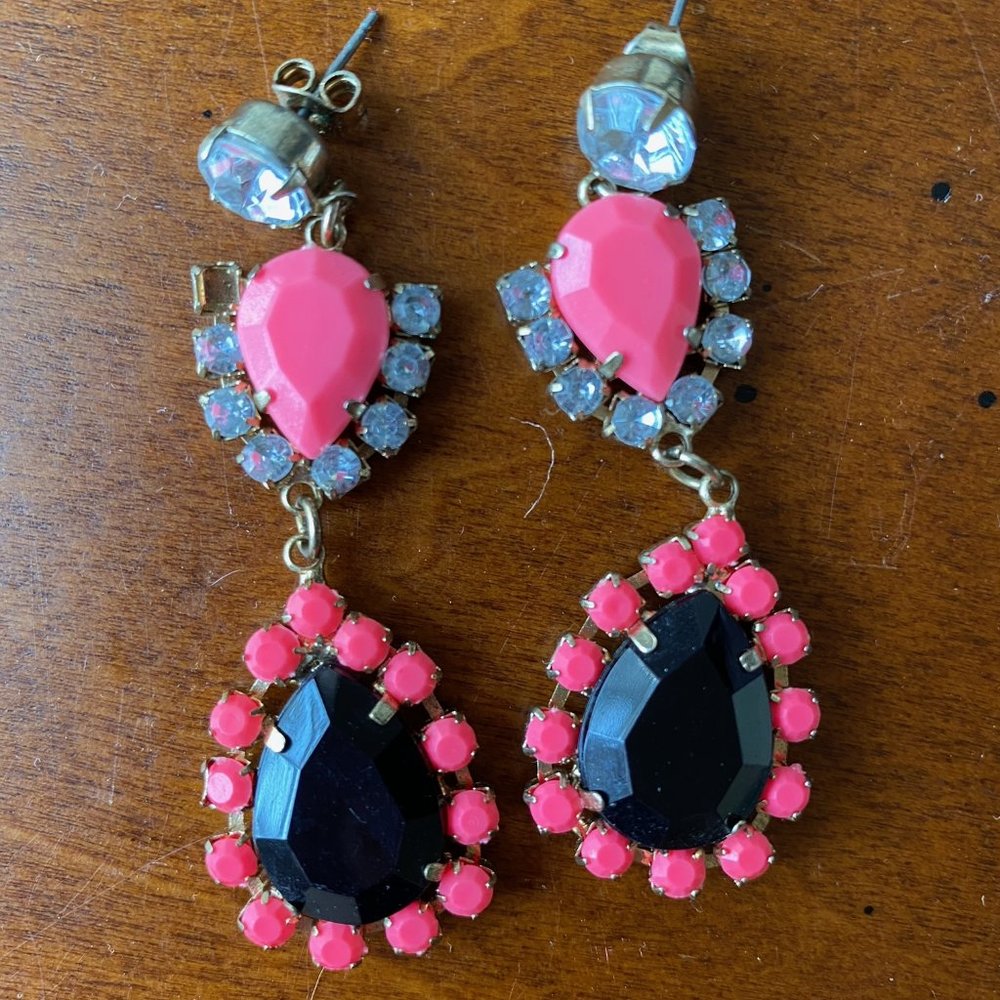 Hot Pink and Black Dangly Earrings